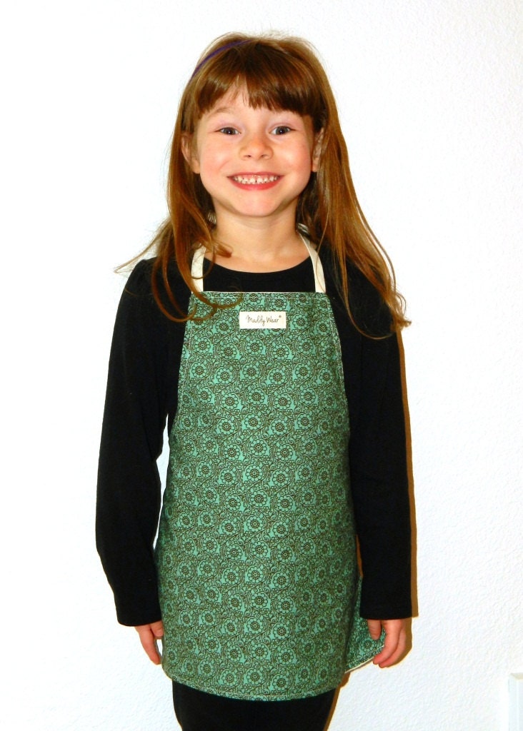 Kid Aprons Craft Apron Daughter Apron Flower Teal Green Reversible