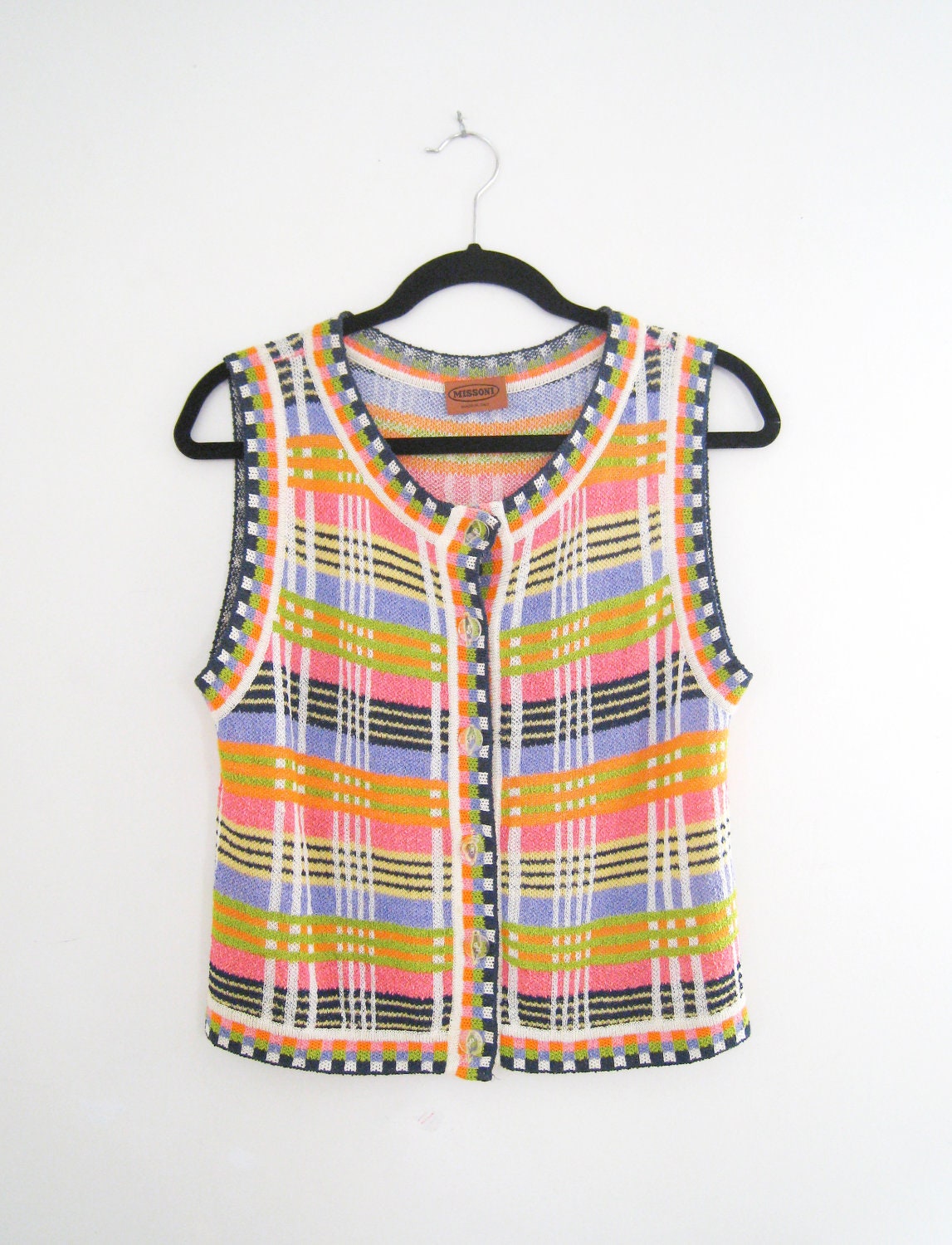 Vintage Missoni Knit Vest - Multi Color Check Pattern Vest- Size Small to Medium