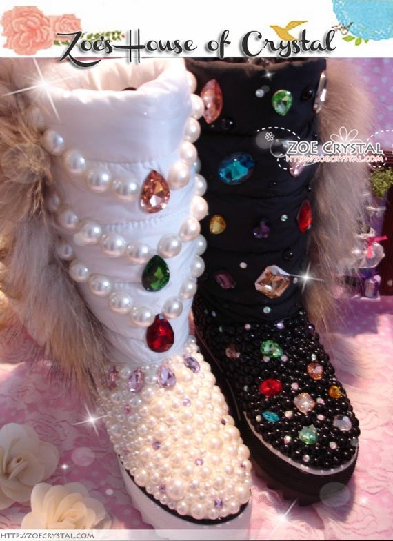 Winter White ELEGANT Racoon Fur Boots with stylish RHINESTONES and PEARLS