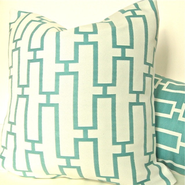 Decorative Throw Pillow Cover - Teal and White - Geometric Maze - Various Sizes