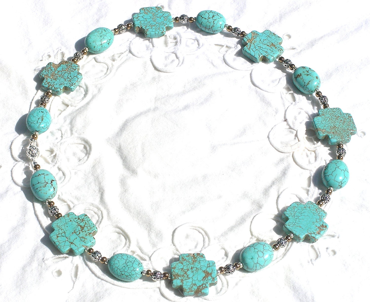 Statement Necklace Turquoise Cross, Oval & Bronze w/Antique Filigree Silver - Free Earrings .-. Mind4Design