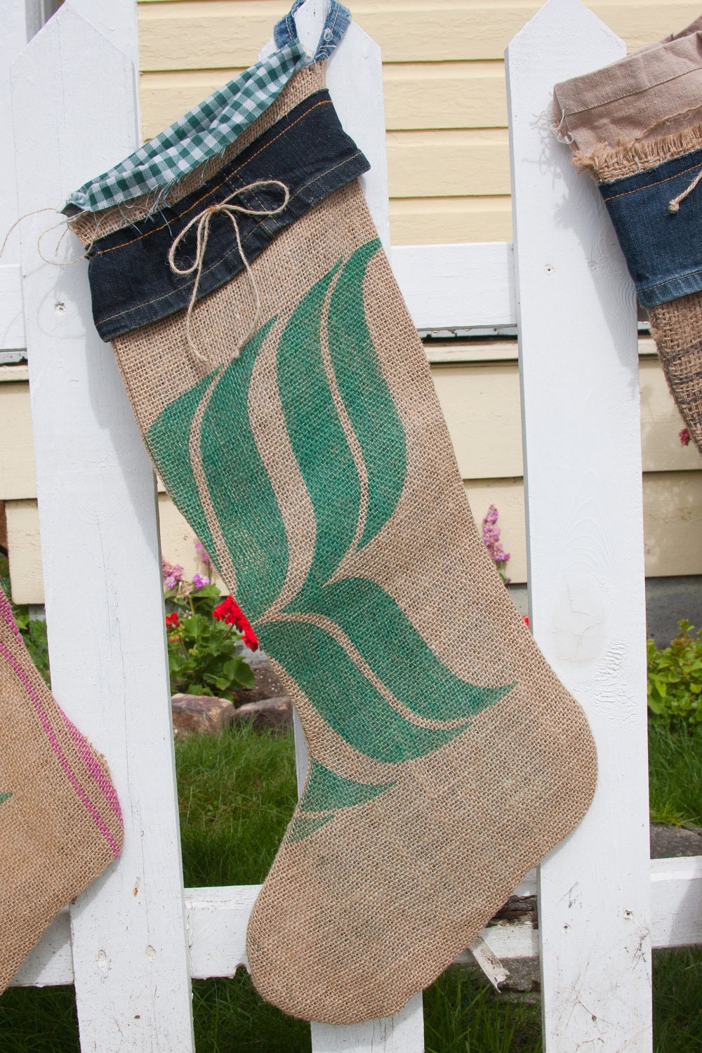 Upcycled Burlap Christmas Stocking 30 inch (Green Cotton Checked Lining, Blue Denim Cuff, Blue Denim Hang Loop) Eco Friendly Home Decor