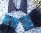 Upcycled Steampunk Clothing - Shirt Collar and Cuffs Black with Handpainted Teal Cuffs, Black Lace Trim, Med Hatter, Alice in Wonderland