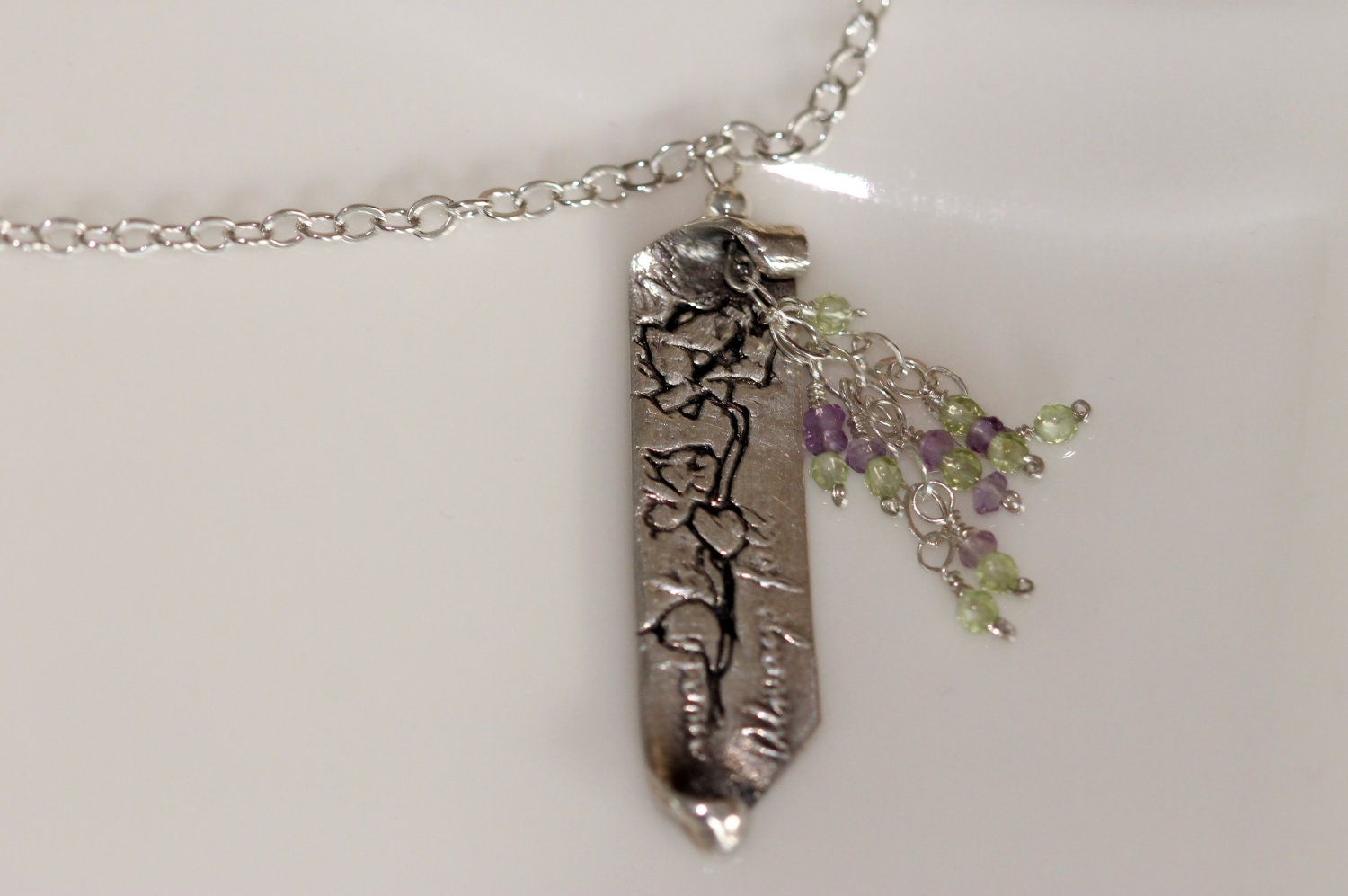 fine silver rose necklace /pendant /peridot amethyst /artisan /metalwork jewelry by girl three