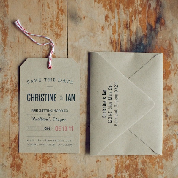 Rustic Kraft Save the Date Tag with Eyelet, Twine and Envelope with Hand-Stamped Return Address