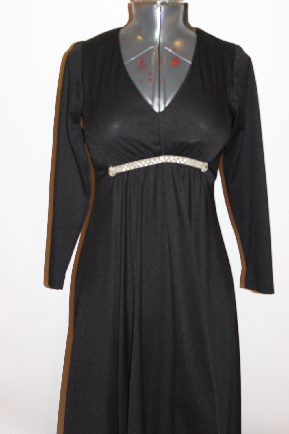 Vintage 70s Black Maxi Dress - Empire Waist - Rhinestones - Size 12/14