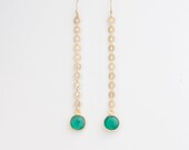 Emerald Green Onyx Dangle Earrings Long Gold Disc Bezel Set Drop Simple Modern Jewelry