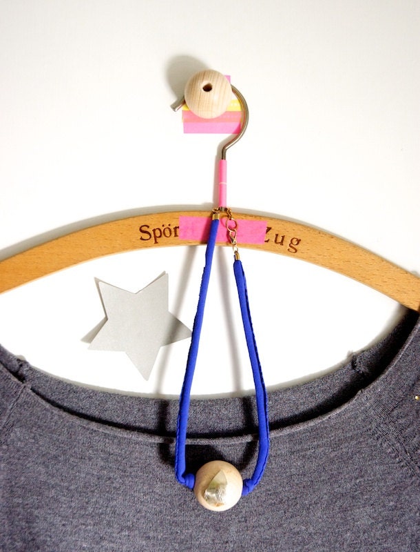 BLUE Necklace - wood bead and jersey yarn drop decorated with leather light gold shape