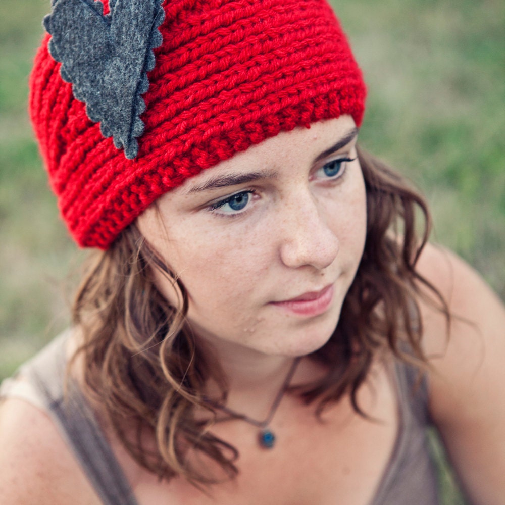 Red Knitted Headband with Gray felt heart adornment