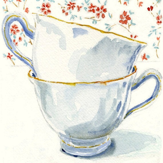 ENGLISH TEACUPS Still Life  Art Print of Original Watercolor Painting -- Teacups 5