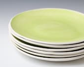 Handmade White and Green ceramic pottery plates, 9.75 inches wide - individual or as a set - green and white satin plates - ready to ship