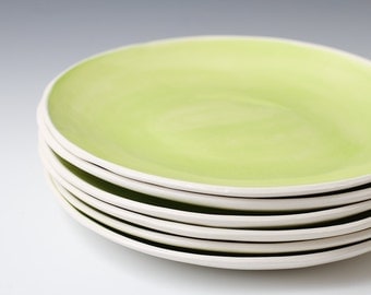 Handmade White and Green ceramic pottery plates, 9.75 inches wide - individual or as a set - green and white satin plates - ready to ship