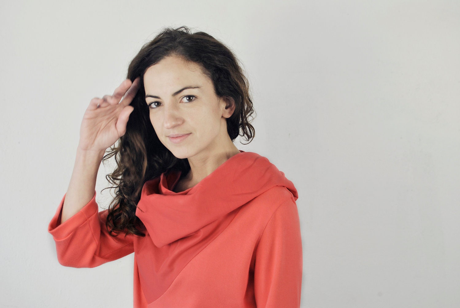 fashion, coral pullover, shirt, 3/4 sleeves, with draped shawl, cowl neck - ready to ship