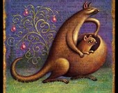 Bursiform-- Signed Archival Art Print of Mother Kangaroo with Joey in Pouch, Letter B, curious art,