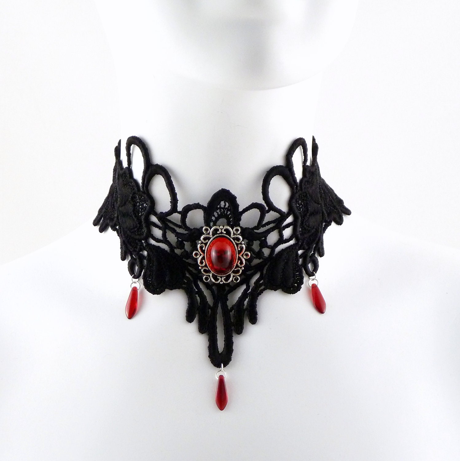 Black Venetian Lace Choker Necklace with Red Stone and Drops (gothic, goth, jewelry, romantic, women, bib, renaissance, victorian)