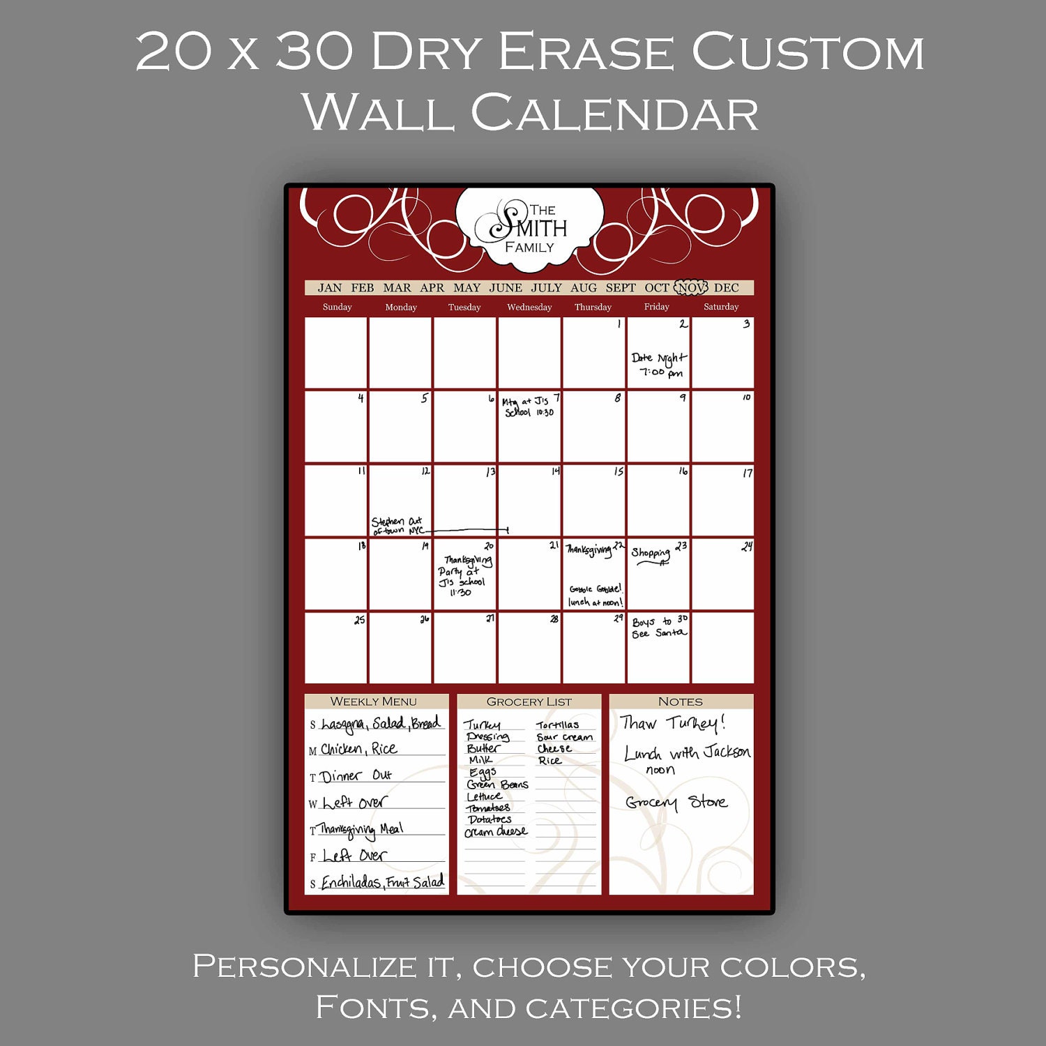 Dry Erase Wall Calendar - Personalized -  20 x 30 Swirls