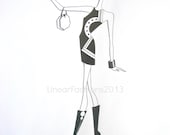Mod fashion art, 1960s color block dress, original pencil illustration, black and white decor, art gift