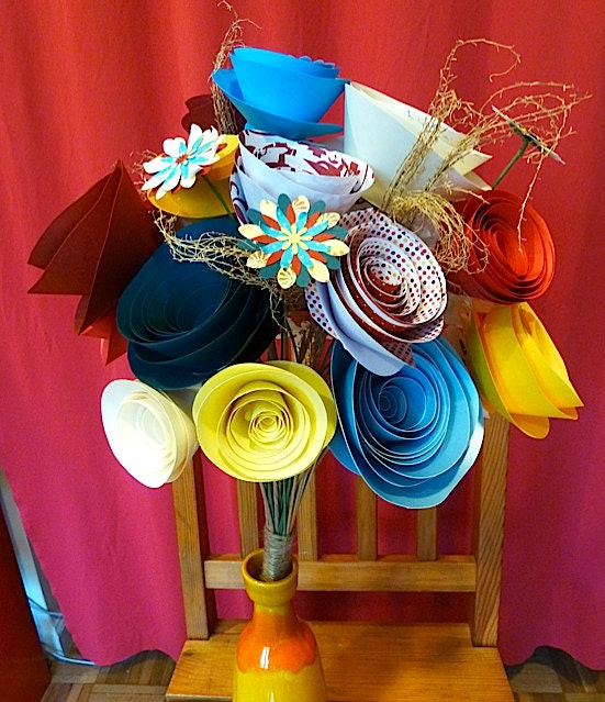 Tall Stemmed Paper Flower Bouquet- Reds, Yellows and Blues