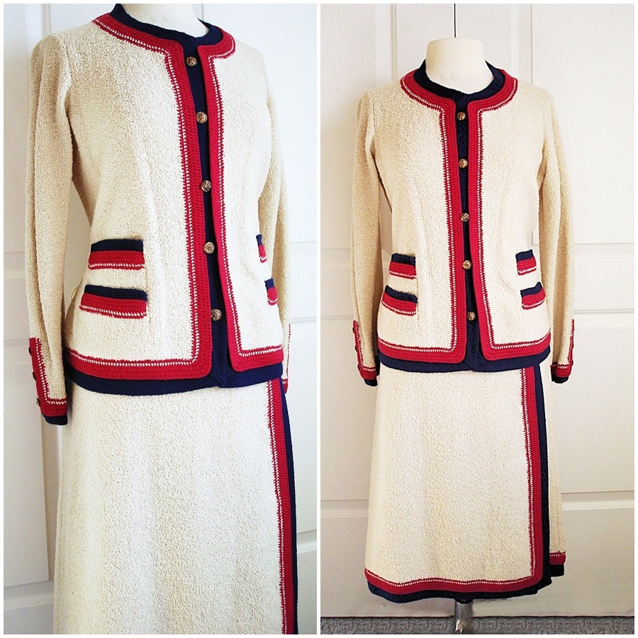 Vintage 60s Adolfo suit/  Saks Fifth Avenue designer cream wool boucle knit/ style skirt & jacket/ red blue stripe trim/