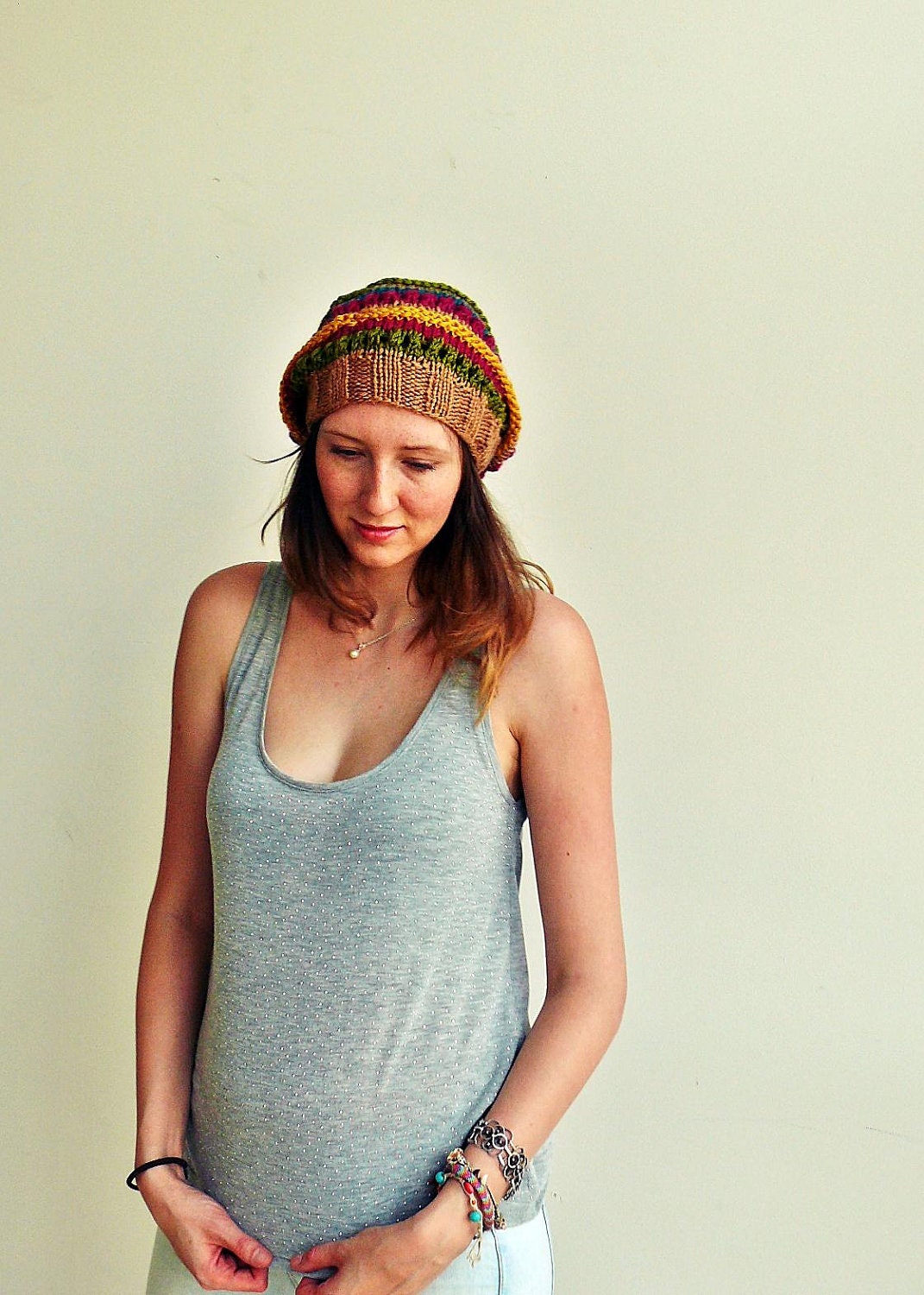 winter knit hat slouch beanie multicolore stripes pink turqouise yellow