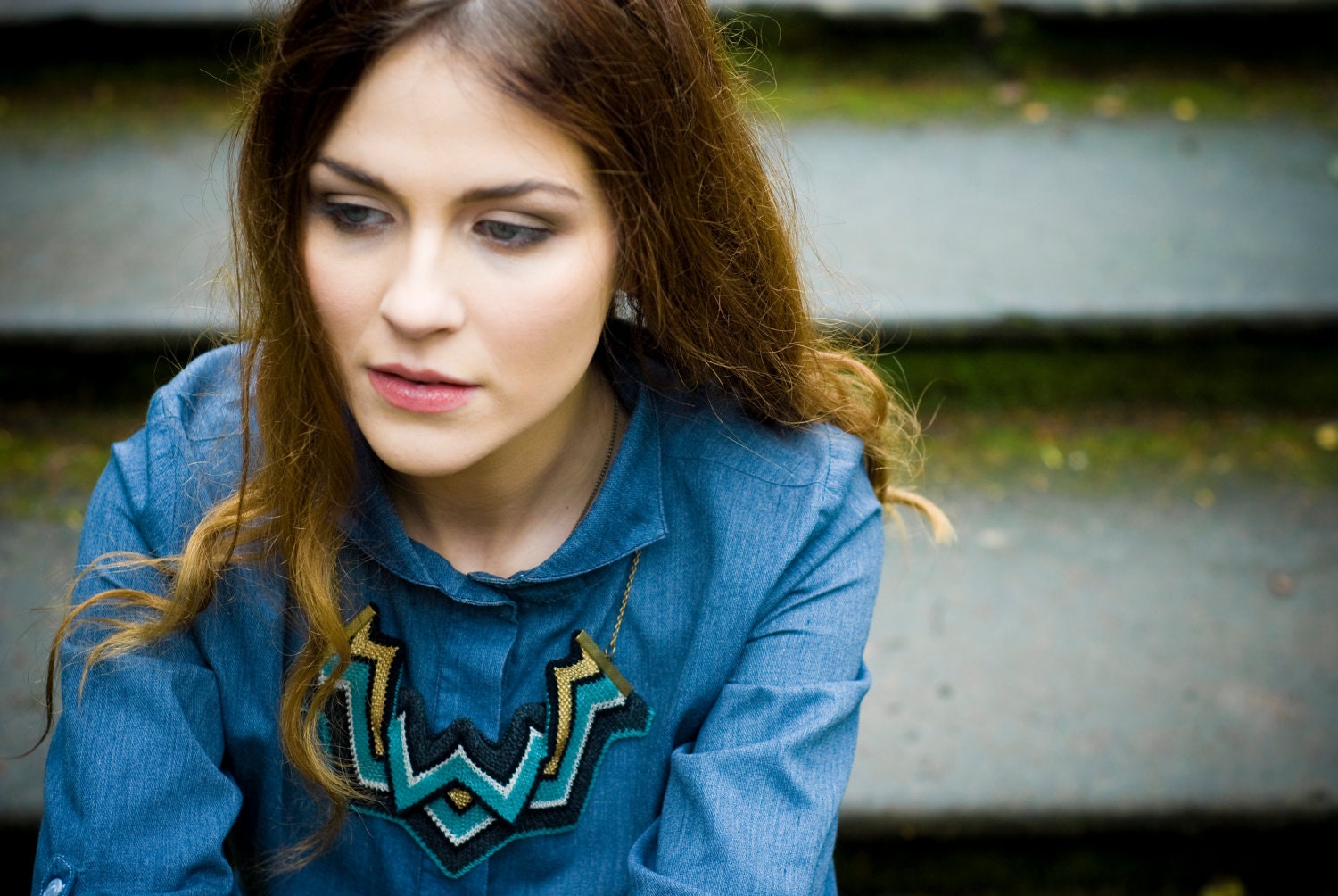 Asp - Knitted Statement Necklace, Sculptural Chevron knit in Teal and Gold