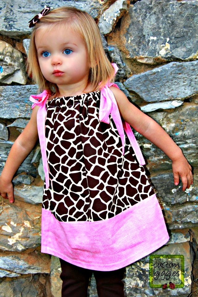 Girls Pillowcase Dress Brown Giraffe with Pink Fabric Ties (6M-8)