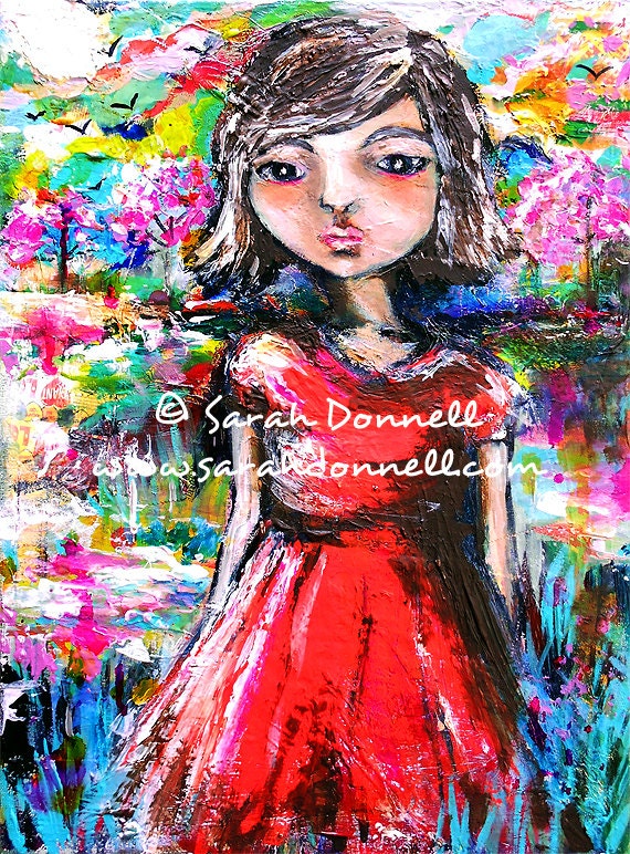 A3 Large Print Wall Art Vintage Red Dress Original Abstract Landscape Art Mix Media Girl Woman Painting Glicee Australian Artist - EarthSky