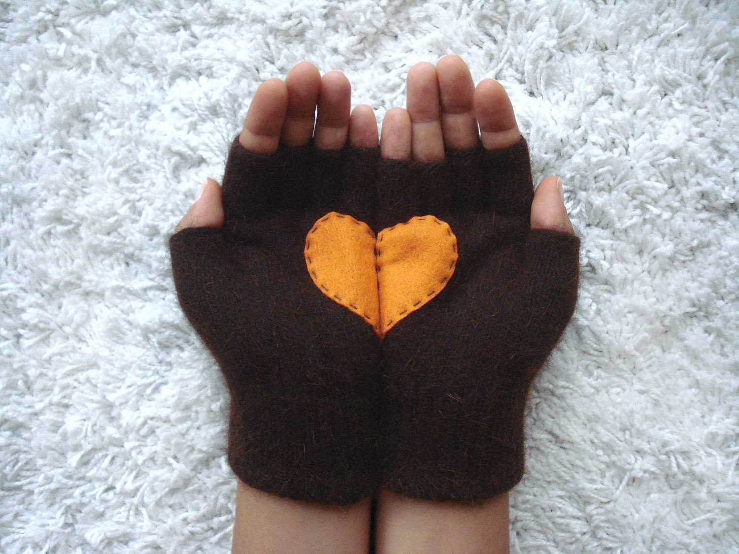 LIMITED GLOVES, Heart Gloves, Fingerless Dark Brown Gloves with Orange Felt Heart