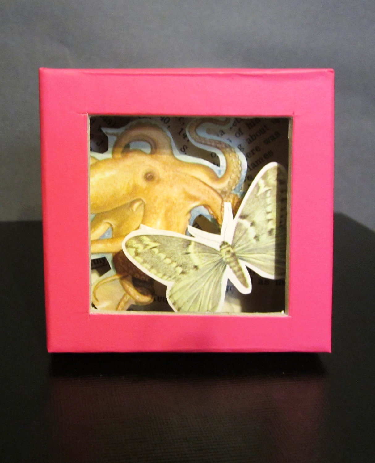 Small Box Diorama - Shadowbox with Recycled Book Pages - Octopus, Moth - Pink, Orange, Tan, Brown