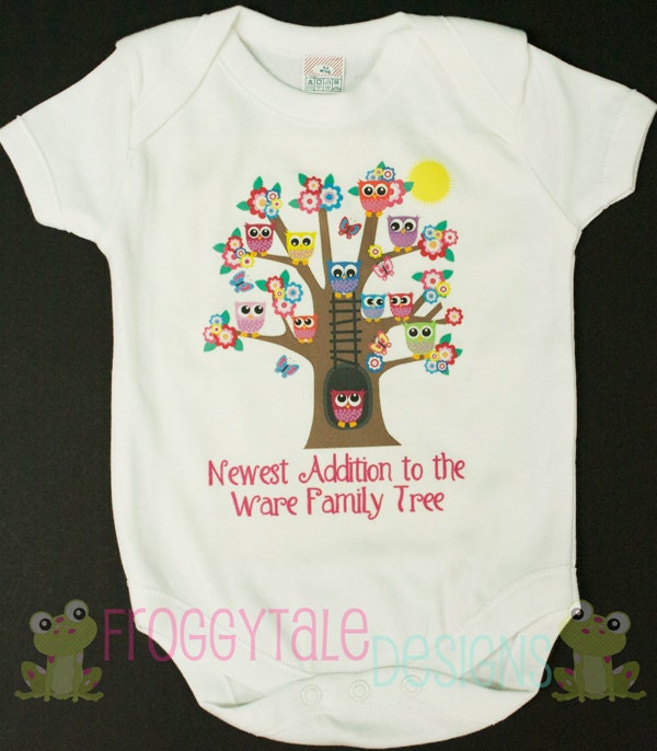 PeRsOnALiZeD Owl Newest Addition to Family Tree Bodysuit Onesie COMING HOME Outfit For Little Baby Girls or Boys- Custom