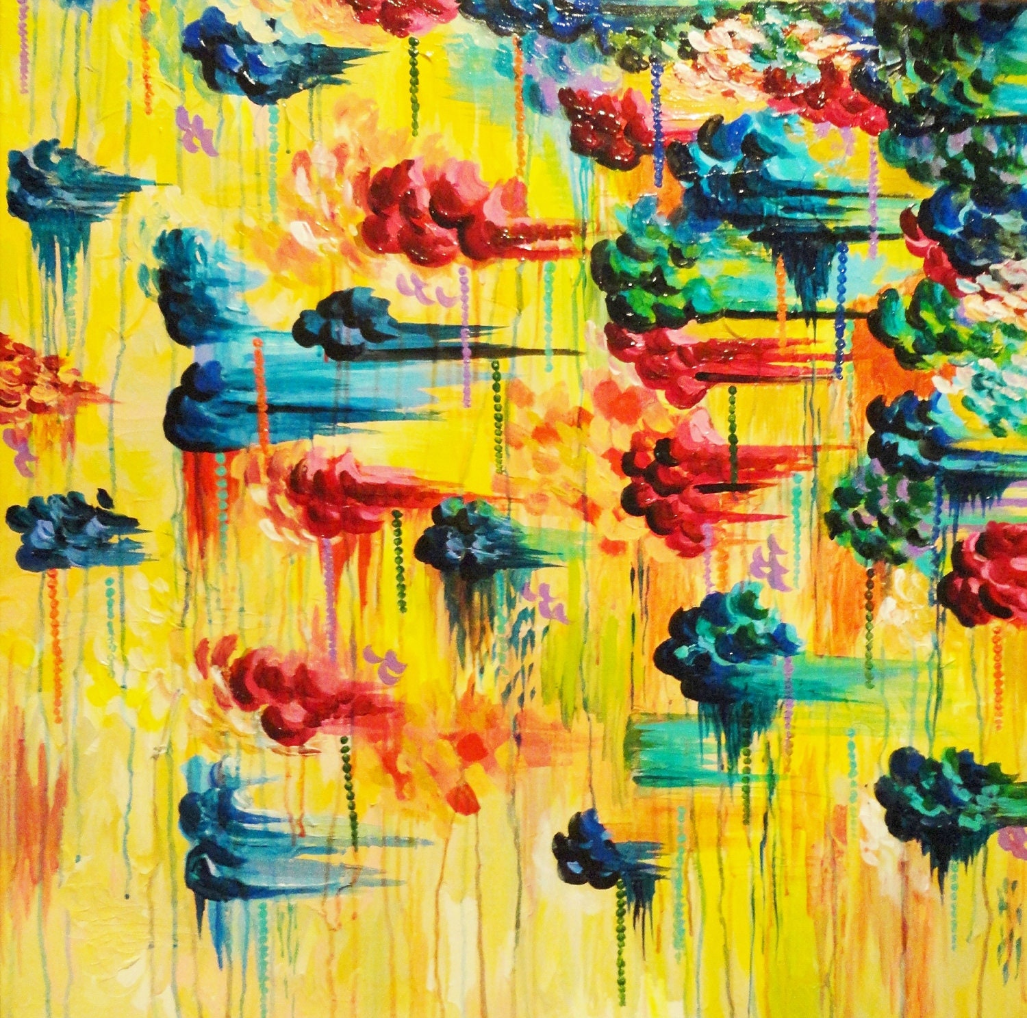 HUGE Acrylic Painting 30 x 30 Abstract Painting Fine Art Rain Storm Clouds Colorful Bright Rainbow Magenta Teal Modern Impasto