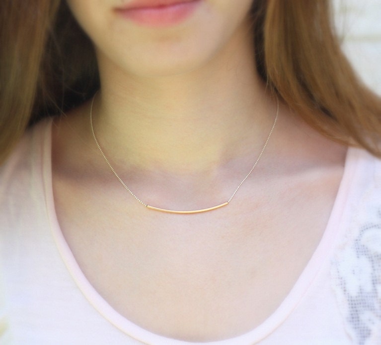 Gold curved tube necklace - 14k gold tube on sterling silver chain, Gold Filled Tube Necklace - Geometric, Modern, Minimal, Simple Necklace