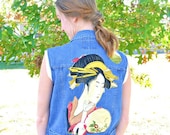Moon Geisha Denim Vest Jacket - Handmade Oriental Asian Women's Apparel
