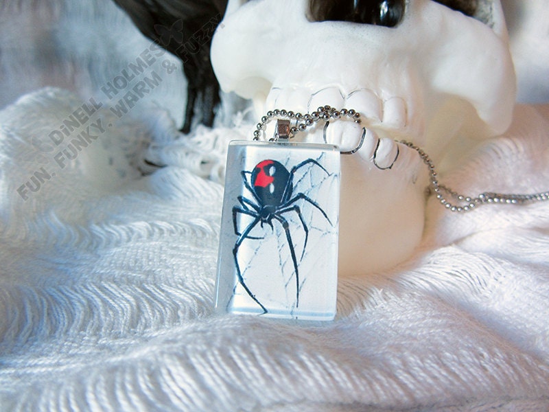 CLEARANCE SALE Black Widow Spider Glass Tile Pendant Handmade Halloween Jewelry