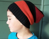 Slouchy beanie handmade recycled sweater upcycled cotton red black orange stripe boys girls hat cap accessories unisex child small adult