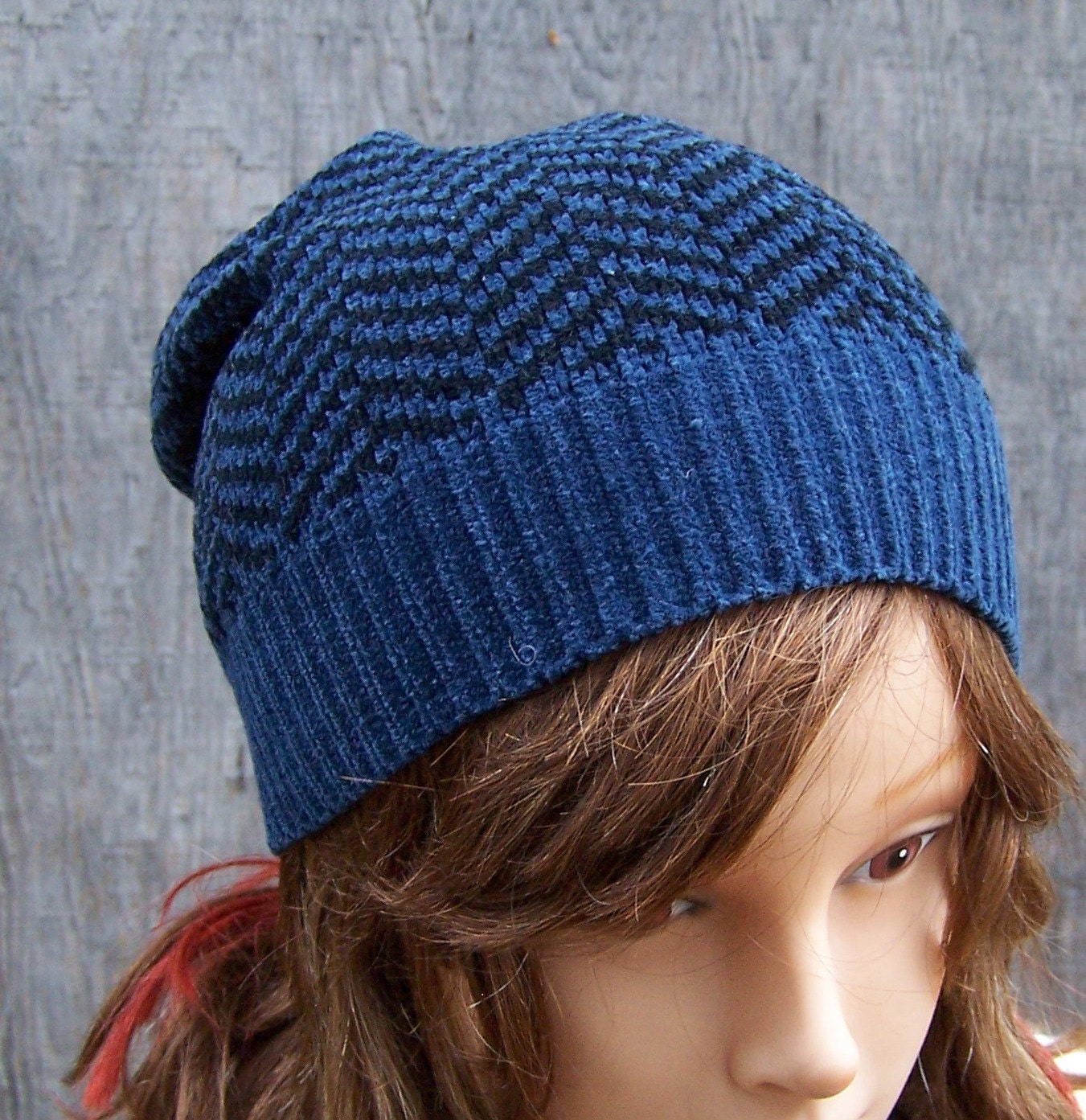 Kids sized slouchy beanie handmade recycled sweater upcycled blue black chevron boys girls hat cap accessories unisex child small adult