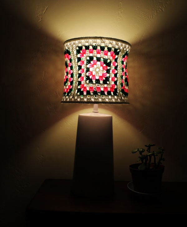Reserved for Andrea- 70s Style-Green Pink White Retro Granny Square Crochet Unique Lighting Housewares Girls Room