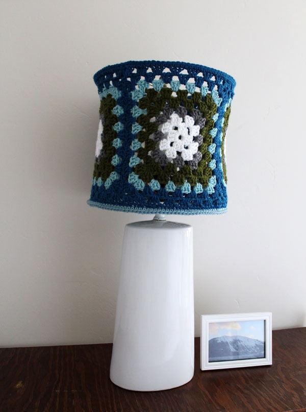 Nature Lamp shade Granny Square Woodland Crochet Olive Dark Blue Light Blue Grey Sparkle White Home Decor Lighting