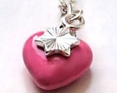 Small Heart Necklace, All Finest Sterling Silver, Pink Enamel Heart Pendant & Star Heart Charm, Curb Chain, Gift Jewellery, UK Delivery Free