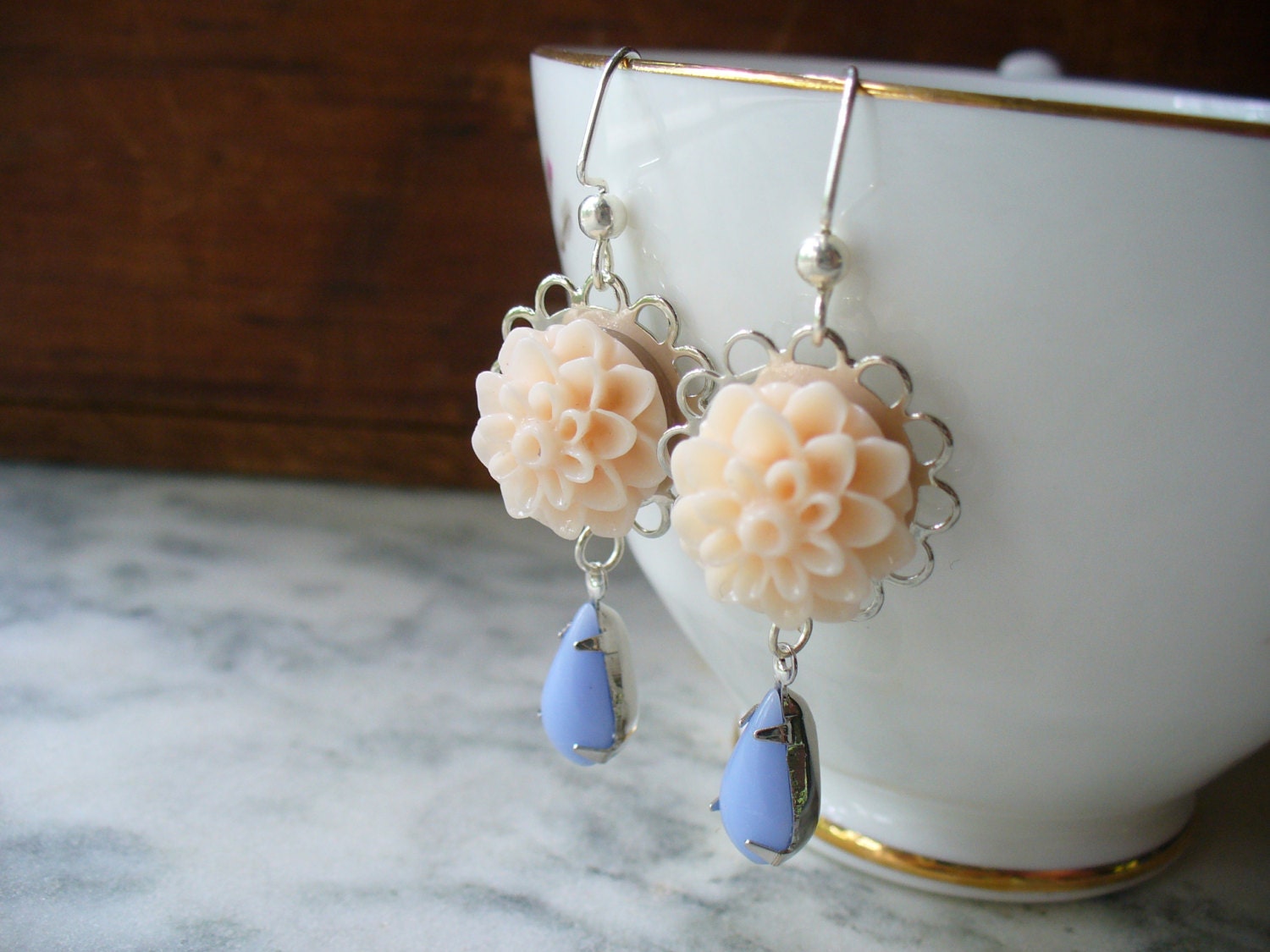 Peach Dahlia and Vintage Periwinkle Blue Teardrop Dangle Earrings - Graduation Gift - Weddings