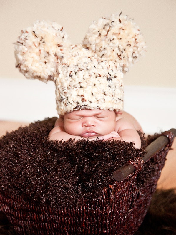 Baby Hat, Preemie or Newborn Baby Girl or Baby Boy Soft Chunky Crochet Double Pom Pom Mouse Ear Hat - Sand, Brown - Photography Prop Hat