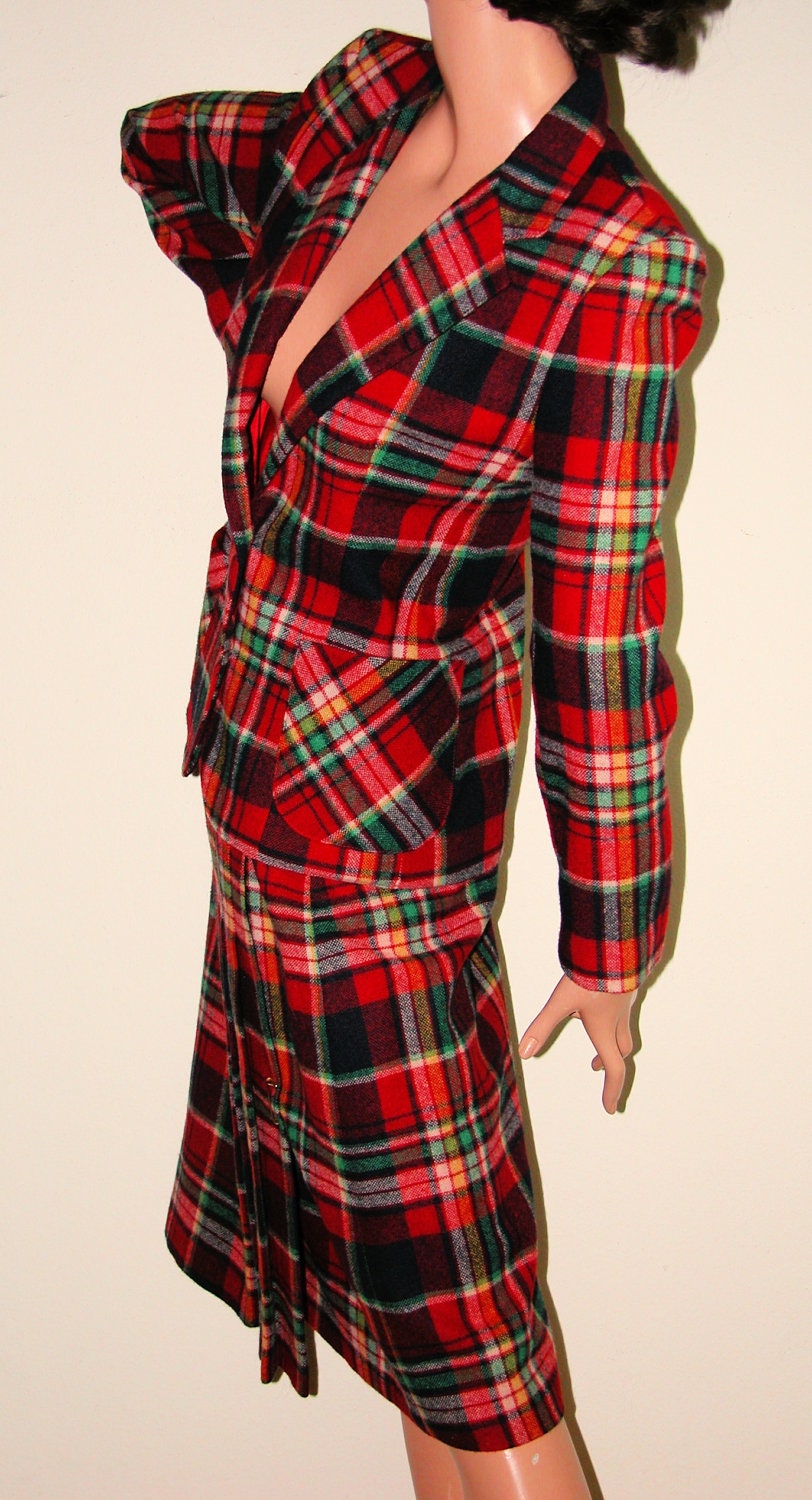 70s Red Plaid Wool fitted Skirt / Jacket Suit -JACK WINTER- kilt pleats  M - Nettetiques