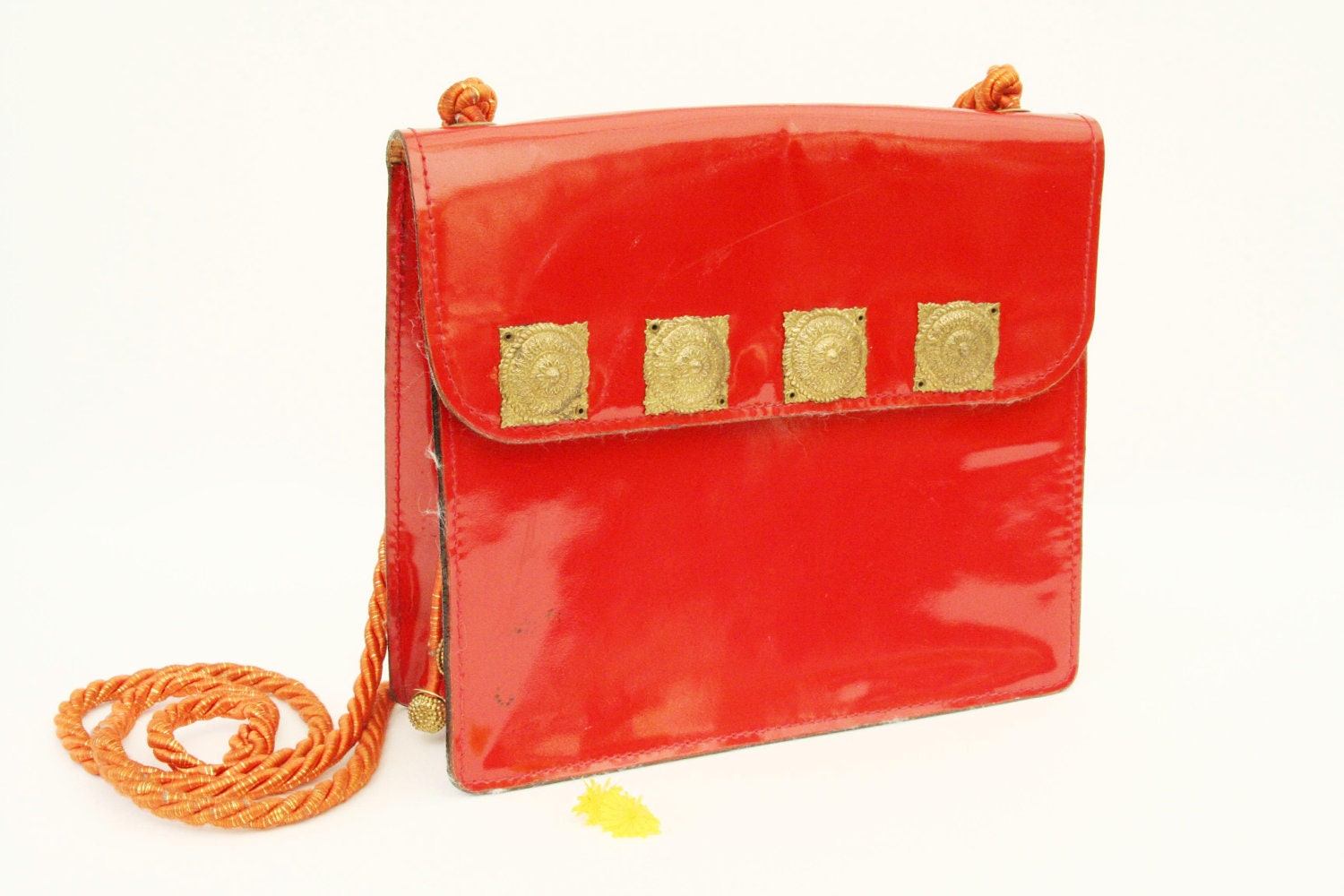 Vintage red handbag, 1970s leather bag, studded purse