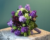 Purple, Lilac, and Lime Green Wedding Bouquet - Groom's Boutonniere -  Orchids, Hydrangea, Roses, Hops and Lilac - Garden Wedding - Spring