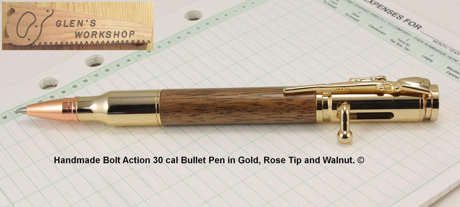 Handmade Bullet Pen in Gold & Walnut with Bolt Action
