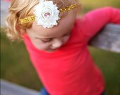 Gold Glitter band with an Ivory shabby flower and pink rhinestone center, perfect as a headband or garter