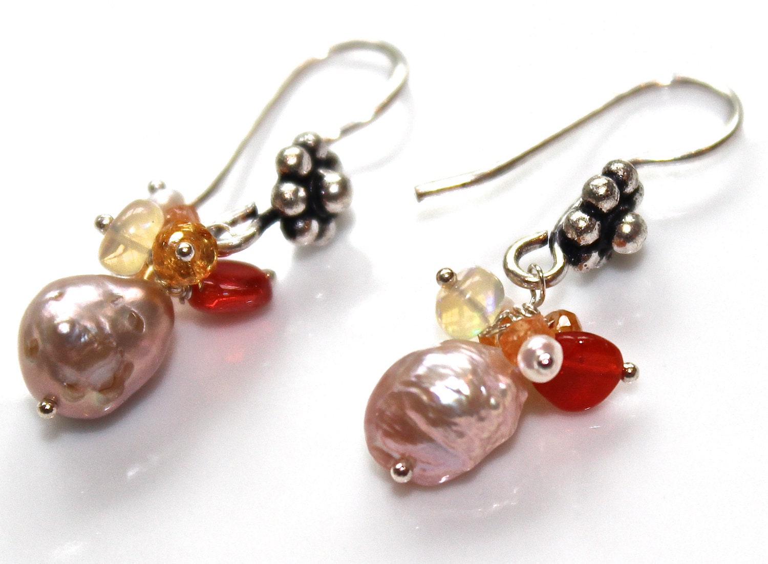Pearl Earrings Fiery Mexican Ethiopian Opal Mandarin Garnet Orange Bali Flower Silver Dangle Drop Cluster Earrings Fizz Candy Jewelry