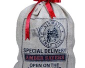 Personalized Christmas sack, santa & tree design xmas stocking with red ribbon tie