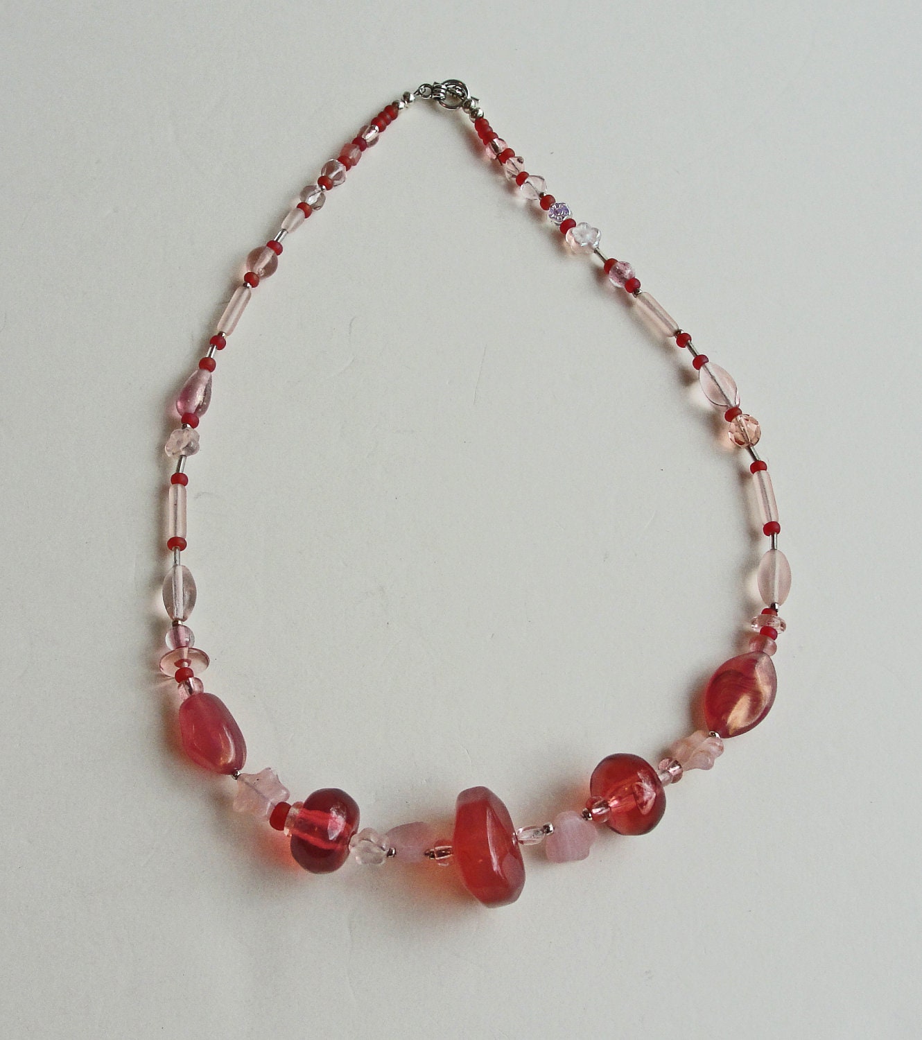 SALE Hand Made Peach Rose Pink Beaded Necklace - Art Glass, Acrylic, Silver Metal Beads - Womens, Teens Gift