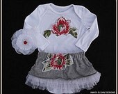 Children's Upcycled Skirt Matching Onesie Infant Appliqued Eco Friendly Baby Clothing Grey White
